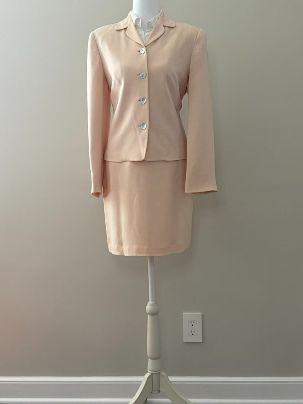 Vintage 90s Petite Sophisticate 100% Silk Skirt Suit Set Blush Peach Size 10P